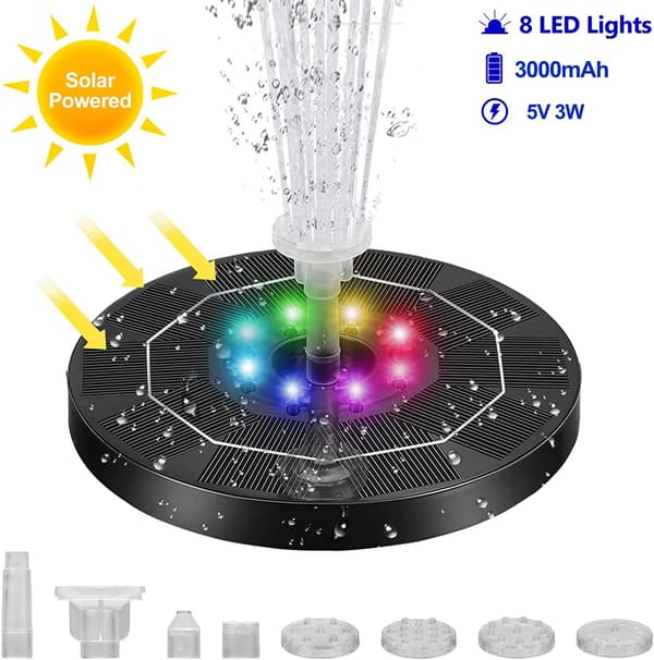Solcellsdriven fontän med LED / Vattenpump Svart Black Black
