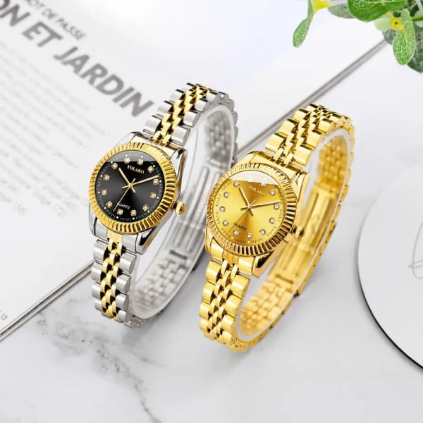 Damklockor Toppmärke Lyx 2022 Mode Diamant Dam Armbandsur Rostfritt Stål Guld Mesh Armband Klocka gold black