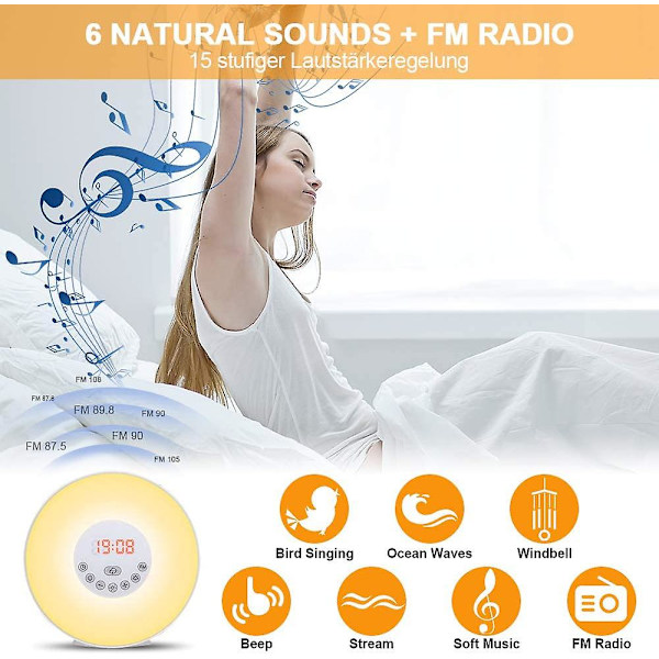 Radiovækkeur Lys Led Sengelampe Touch Control Solopgang og Solnedgang Simulation 10 Lysniveauer Snooze 6 Naturlige Lyde, 7 Farver Nattelys til