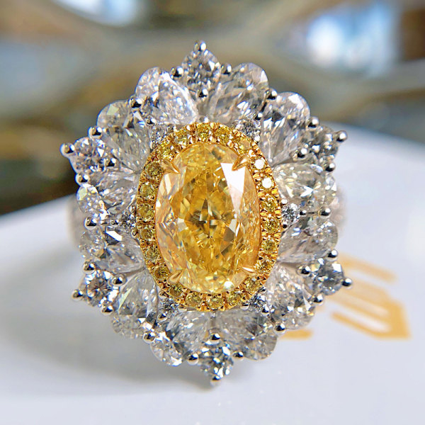 Vintage Sterling Sølv Skinnende Full Diamant Ring Sitrin Ring Blomster Kubisk
