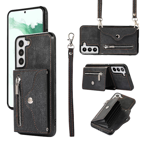 Telefonfodral för Samsung Galaxy S22 5g med stativ, RFID-blockering, kortfodral, PU-läder + TPU-skal Black