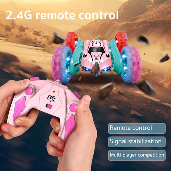 Vaaleanpunainen sähköinen 4WD RC-temppuauton lelu lapsille, kaksisuuntainen temppuauton lelu pojille ja tytöille lastenpäiväksi