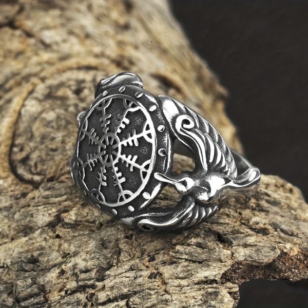 1 st Viking Odin Raven Titanium stålring, kompass för män Rune Fashion rostfritt stål ring Golden US Size 11