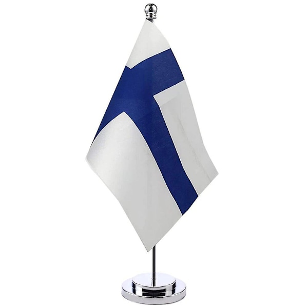 14x21cm Mini Flag af Finland Banner Mødelokale Bestyrelseslokale Bordstand Rustfrit Stål Stang Det Finske Flag Nationale Desig Finland Silver