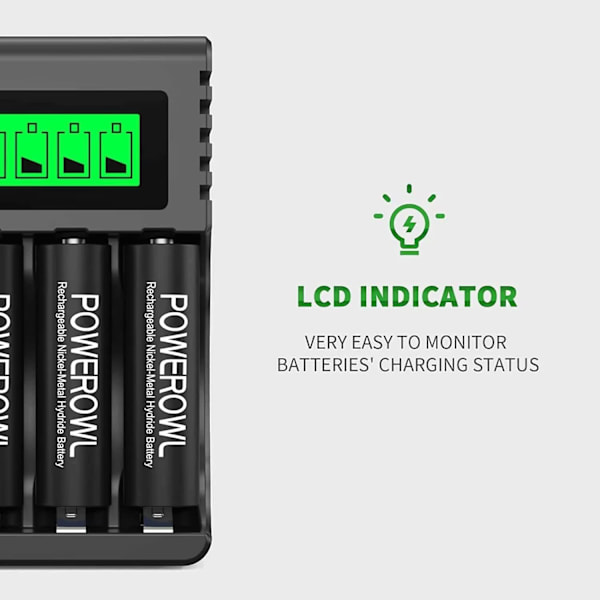 Genopladelig batteriopladning, LCD til Ni-MH/Ni-CD AA/AAA, uafhængig kortslot og USB-hurtigopladning