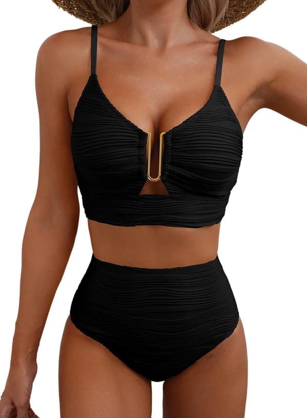 Bikini för kvinnor med V-ringning och utskärningar, högmidjad texturerad plisserad baddräkt S C