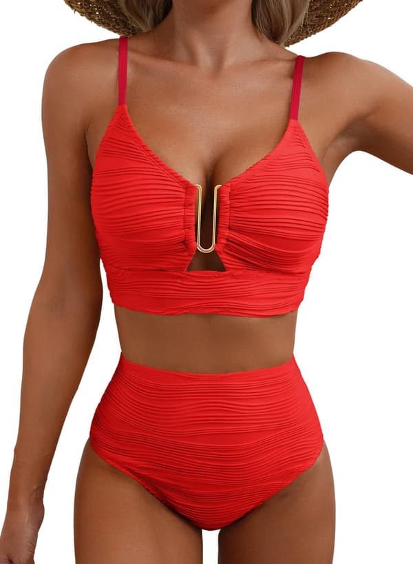 Bikini för kvinnor med V-ringning och utskärningar, högmidjad texturerad plisserad baddräkt S red
