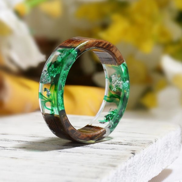 Kreativa kvinnor trä torkade blommor transparent finger ring smycken födelsedagspresent grön Green 2.1 cm