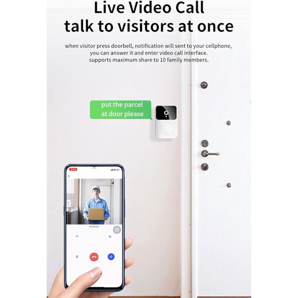 Smart trådløs fjernbetjening videodørklokke, hjemmeintercom HD nattesyn WiFi genopladelig dørklokke