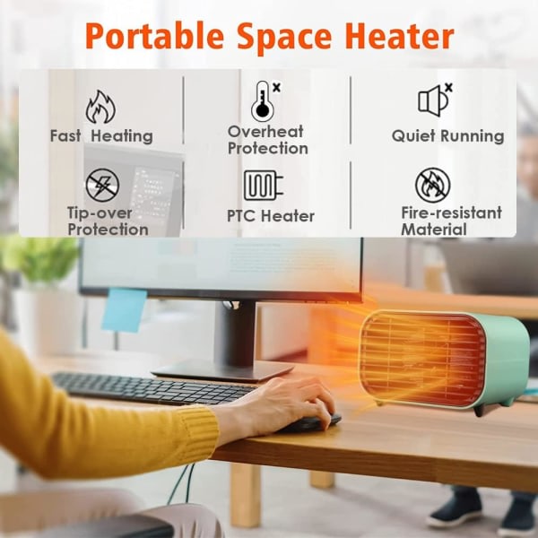 Kraftig miniviftevarmer, bordvarmer for hjemmet med variabel termostat - Stille energieffektiv romvarmer - perfekt elektrisk romvarmer