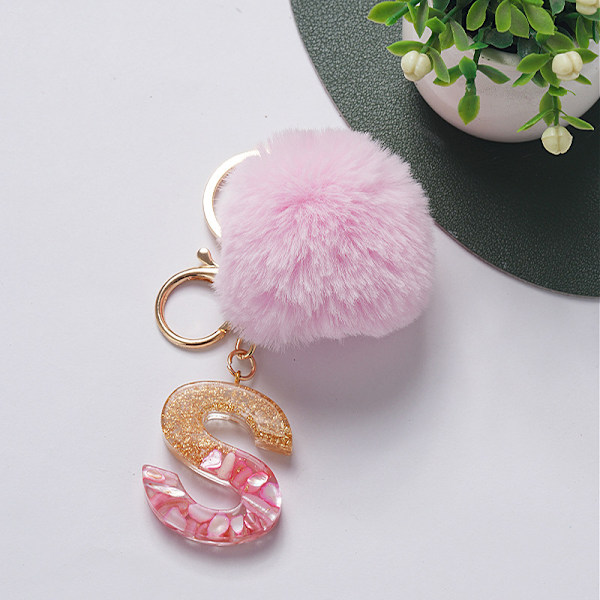 e Nøglering Rosa Pompom Kugle Nøglering med 26 bogstaver Resin Nøgleringe R