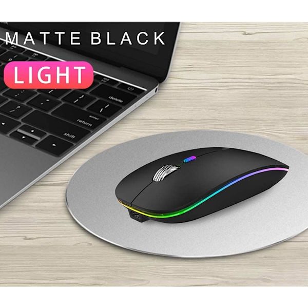 Langaton LED-hiiri, G12 Slim ladattava hiljainen, 2.4G kannettava USB optinen langaton tietokonehiiri USB-vastaanottimella ja Type-C-sovittimella (musta)