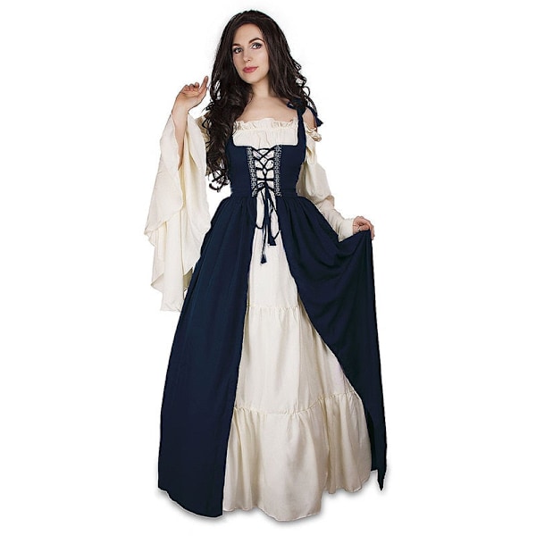 Medeltida Punk Klänning Cosplay Halloween Kostymer Kvinnor Palace Karneval Fest Förklädnad Prinsessa Kvinna Viktoriansk Vestido Robe Marinblå Navy blue 5XL