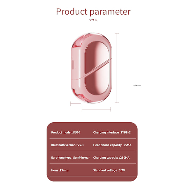 Sydämen muotoiset TWS-kuulokkeet Langattomat nappikuulokkeet mikrofonilla pink