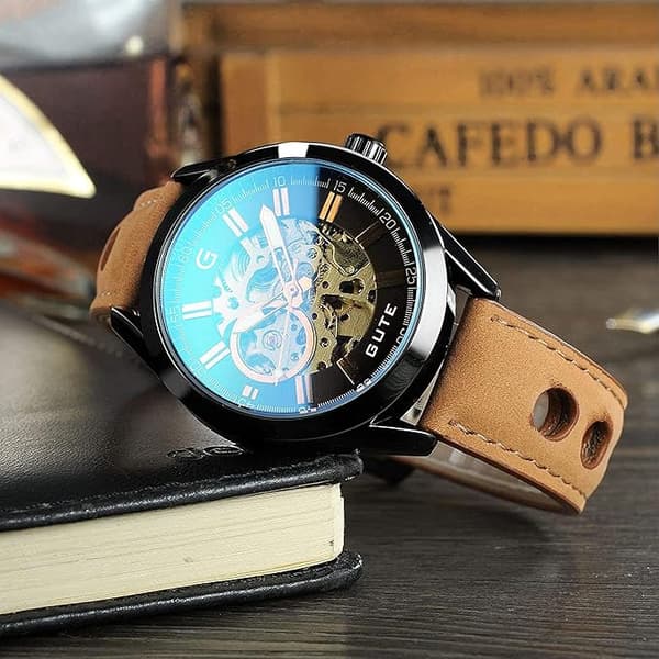 Herreur 43mm Rustfrit Stål Læderrem Mekanisk Armbåndsur Brun Sort