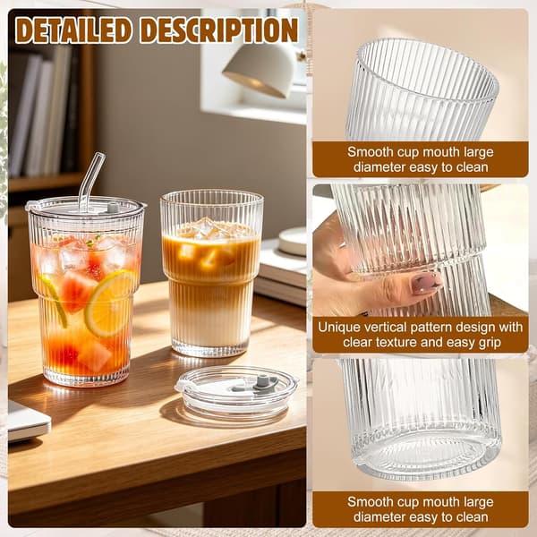 2 delar 400 ml räfflade glasburkar med lock och sugrör, iskaffeglas, smoothieglas, lufttät och vattentät design