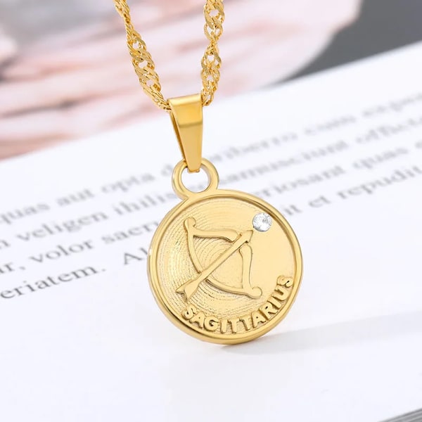 Disk Stjernebillede Halskæde 12 Stjernetegn Sten Vedhæng Halskæde Kvinder Mode Horoskop Smykker Fødselsdagsgaver Guld Farve Gold Color Sagittarius