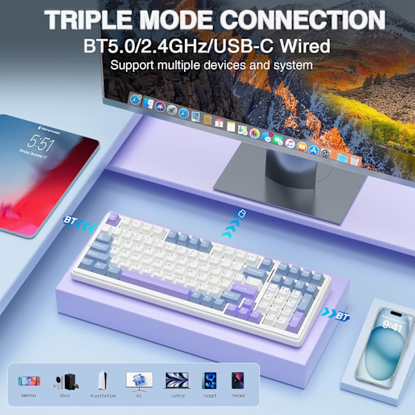 Mekanisk Gaming Tastatur, BT5.0/2.4GHz/USB-C Hot Swappable Tilpasset Tastatur, Forlubede Switcher RGB Tastatur til PC/Tablet/PS/Xbox, Blå&Lilla