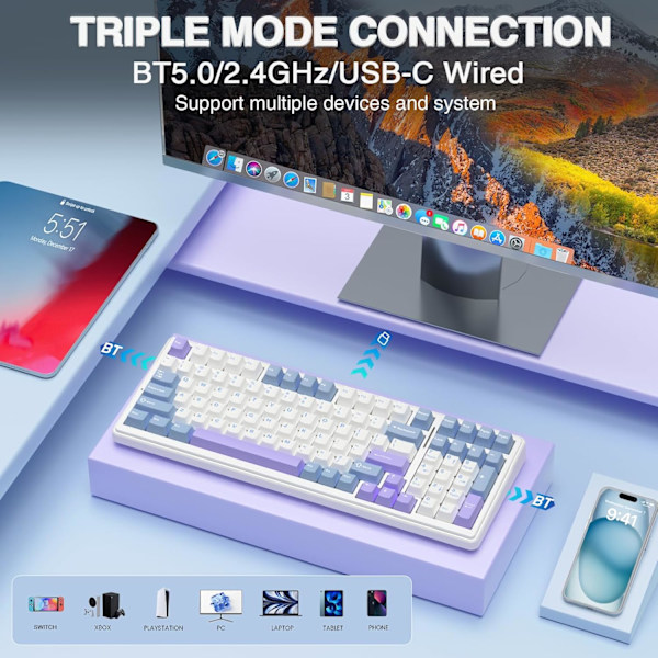 Mekanisk Spilltastatur, BT5.0/2.4GHz/USB-C Byttbare Switcher, Forhåndssmurt Switcher RGB Tastatur for PC/Tablett/PS/Xbox, Blå&Lilla
