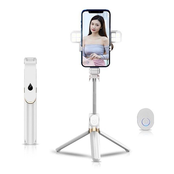 Selfiestick / Tripod fjernbetjening med LED-lys - Hvid 200