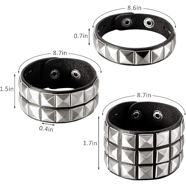 3 stk Lærreim med Nagler Punk Armbånd for Menn Kvinner 80-talls Nagler Goth Rock Armbånd Pigg Nagler Mansjett Armbånd Unisex Metall