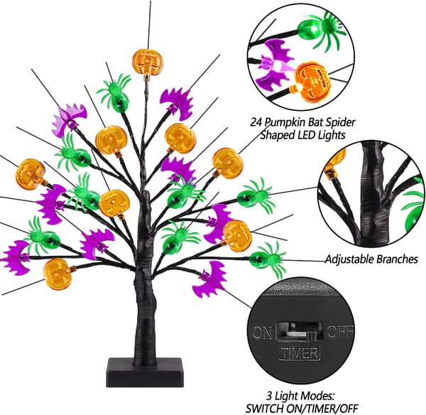 {hw} 60 cm sort Halloween-træ med 24 LED-lys, græskar, flagermus, edderkop