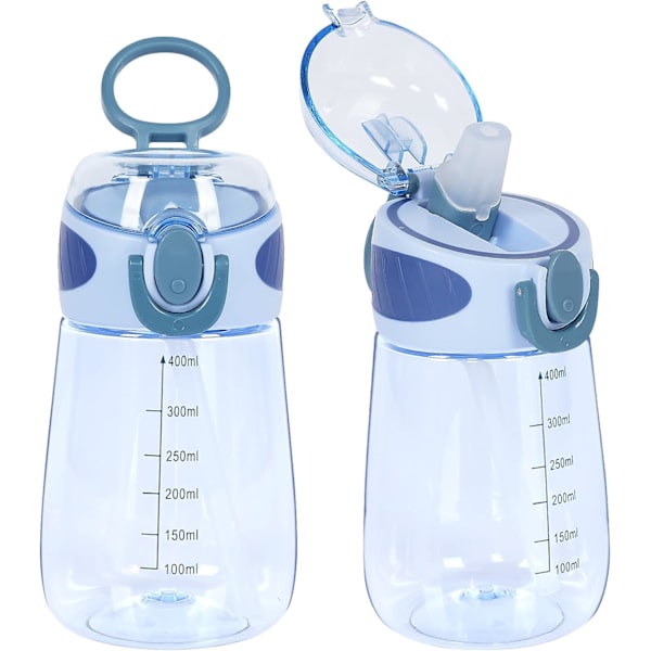 Vattenflaska med sugrör BPA-fri lätt 400 ml vattenflaska för småbarn med handtag sugrör flaska - Blå
