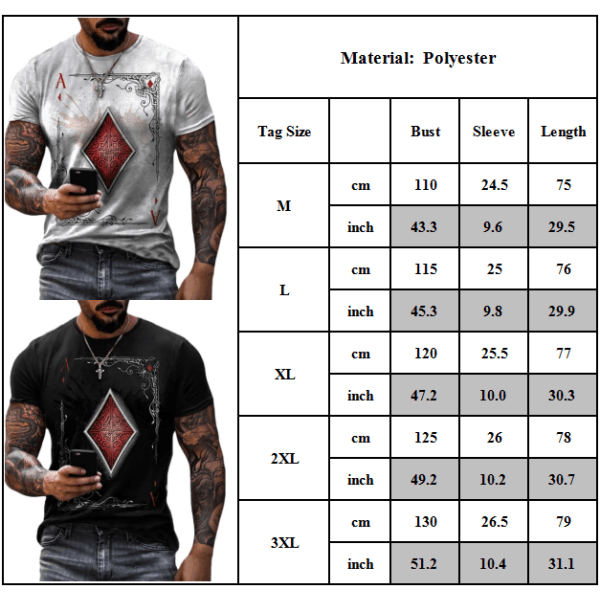 Snygg rundhalsad kortärmad T-shirt med spelkortsmönster i khaki för män Khaki 2XL