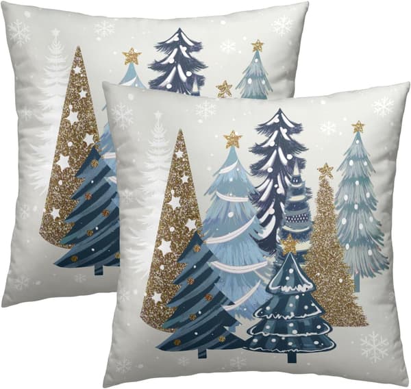 2-pack 45x45 cm Jul Kuddfodral - Blå Tallar & Snöflingor Design - Dekor för Soffa & Divan under Vinterhelgerna{wh}