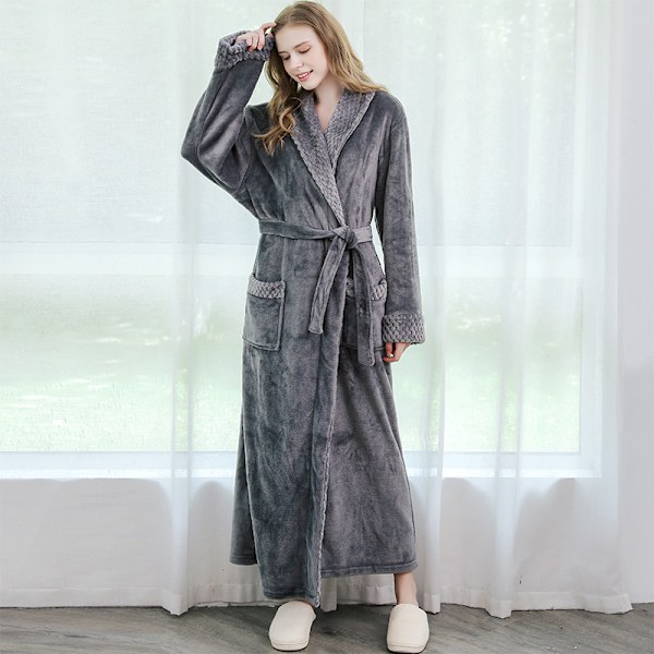 Women's Long Dressing Gown Ladies Microfiber Winter Warm Fluffy Dressing Gown Sauna Robe Sleepwear Christmas Gift - Gray M