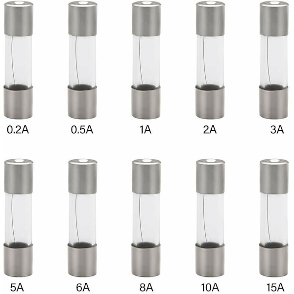 100 stk. 5X20 mm rørforstærkersæt med forskellige sikringer 0,2A, 0,5A, 1A, 2A, 3A, 5A, 6A, 8A, 10A, 15A