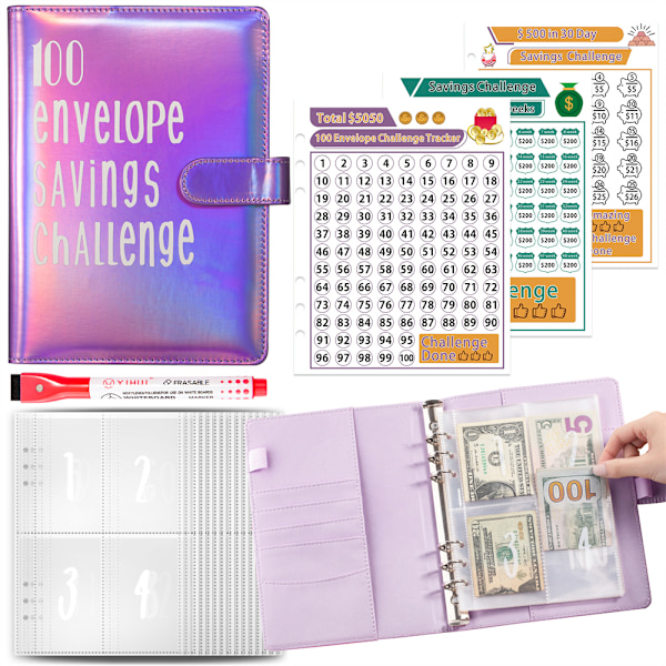 100 kuvert spara pengar utmaning pärm, A5 budget pärm med kontantkuvert Purple