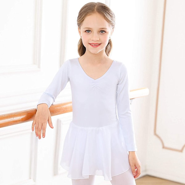 Piger Langærmet Ballet Leotards Dans Tutu Kjole Hvid White 140cm