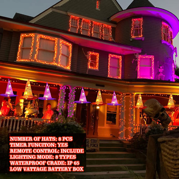 Dazzle Bright 8 stk Hengende Hekshatt Lyslenker, Lys Opp Vanntette Halloween Dekorasjoner med for Utendørs Hagefest Karneval Forbruksvarer Dekor