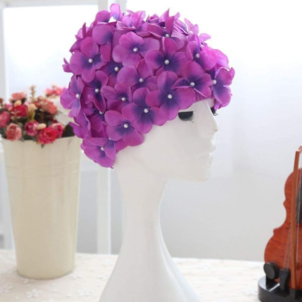 Blomsterblad Dame Svømmehette Svømmehette Kvinner Retro Svømmehatt for Langt/Kort Hår, Lilla