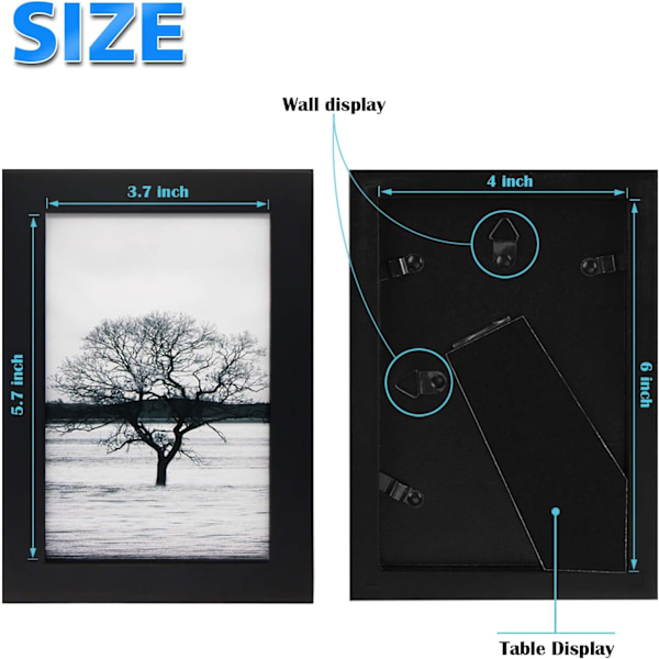 4 stk. Fotorammer 5x7 tommer Bilde for bordplate og veggmontering Svart