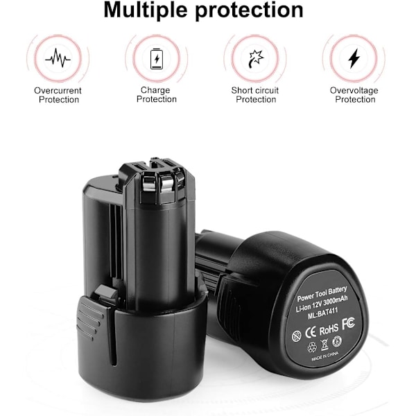 [2 stycken] Energup 12V 3000mAh Li-ion ersättningsbatteri för Bosch 12V BAT411 BAT411A BAT412A 2607336014 2607336864
