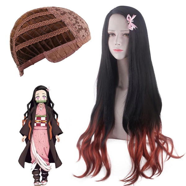 Demon Slayer Kamado Nezuko Cosplay Konstgjord Peruk Vågig Hår Full Peruk