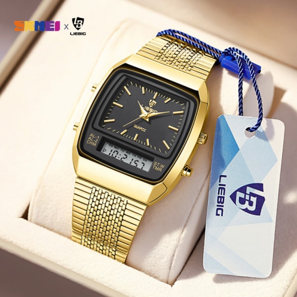 Nyt Fashion Casual Ur Mænds Digitale Dobbelt Tid Uge Guld Sport 3bar Vandtæt Quartz Armbåndsur Ur relogio masculino L1030 gold