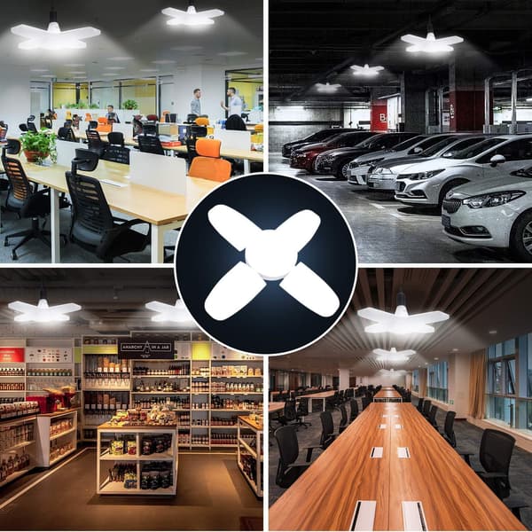 60W LED Garagelys, E27 6000 Lumen Sikkerhedslys, Deformerbart Værkstedlys med 4 Justerbare Paneler, Super Klart Dagslys til Garage,