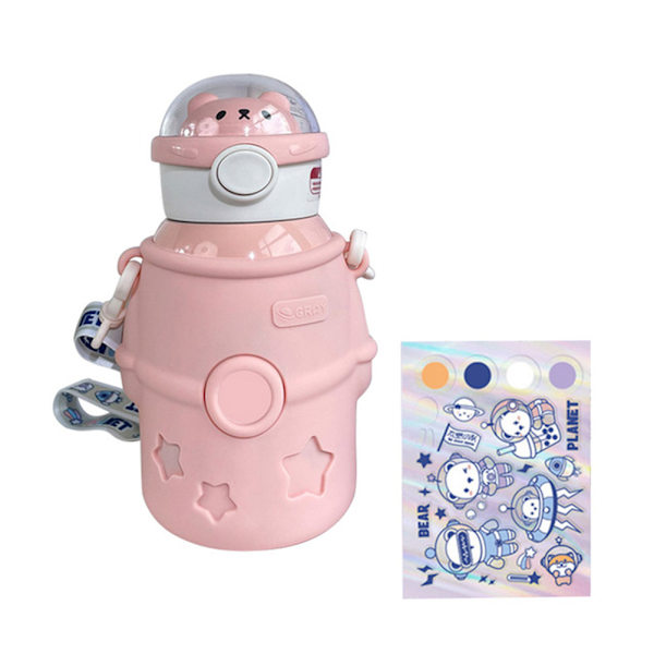 Bærbar Kawaii Vannflaske Med Sugerør 500ml Isolerte Vannflasker I Rustfritt Stål Søte Astronaut Bjørn Vannflasker For Skole Trening Reise Piknik
