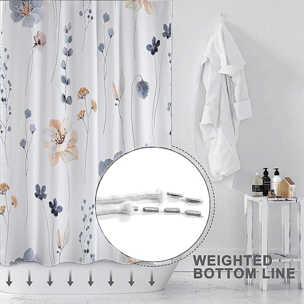 Akvarel planteblade med blomster badeforhæng Hvid White 90x180cm