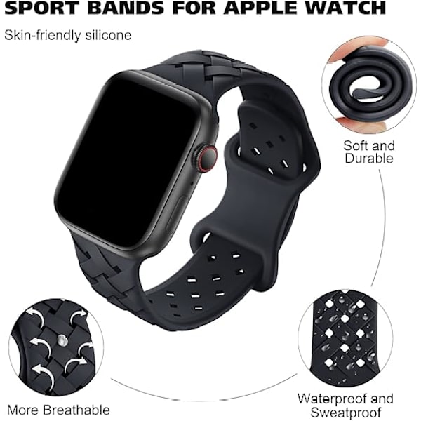 Silikonista punotut verkkorannikkeet, jotka ovat yhteensopivia Apple Watchin kanssa 42 mm, 44 mm, 45 mm ja 49 mm, vaihtoehtoiset silikonista valmistetut urheilurannekkeet naisille ja miehille - Midnight