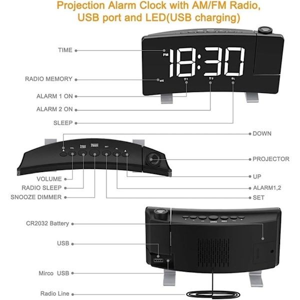 Digital Alarm Clock Projektor USB Lading Alarm Clock 180 Graders Display (Hvit) White