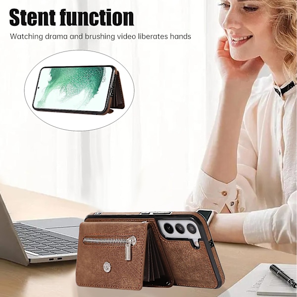 Til Samsung Galaxy S22 5g telefonetui Kickstand RFID-blokering Kort etui PU Læder+TPU cover Brown