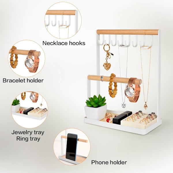 Smyckesställ, 3-vånings Halsbandshängare i Trä, Ringorganisatör, Örhängeshållare, 8 Krokar för Förvaring av Halsband, Armband, Ringar och [qb]