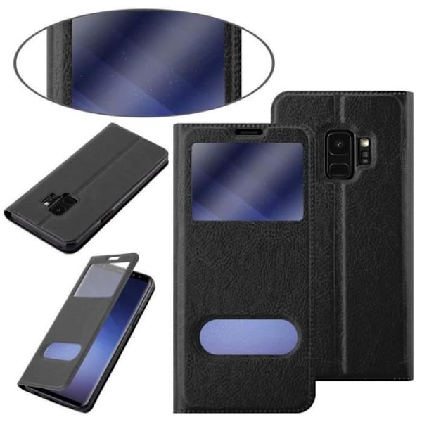 Cadorabo Etui til Samsung Galaxy S9 i COMET BLACK - Horisontal Stativ Dobbelt Vindue Beskyttende Etui - Vis Lomme Etui