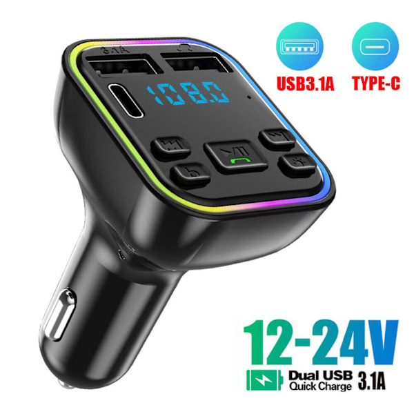 Bil trådløs Bluetooth FM-sender Type-C dobbel USB 3.1A lading