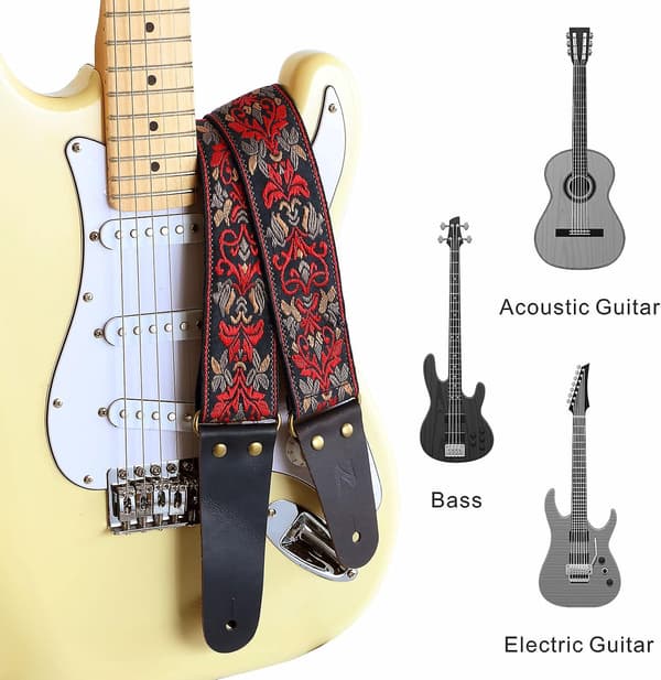 Röd - broderad gitarrrem, läderrem med dold ficka för bas, el- och akustiska gitarrer