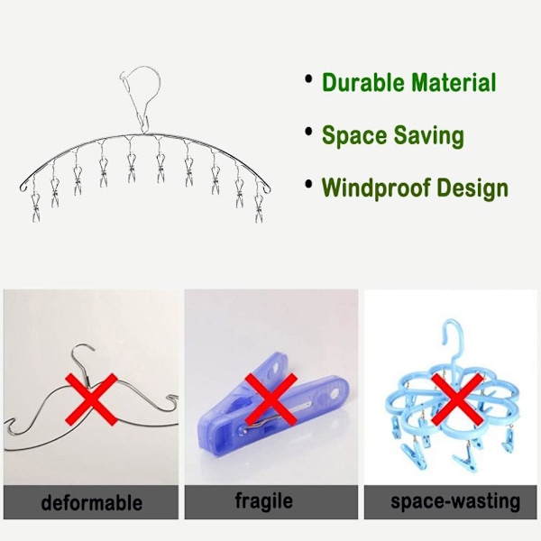 2-pak rustfrit stål bøjler med 10 vindsikre afløbsklemmer til tørring af sokker, babytøj, stofbleer, bh'er, håndklæder, undertøj, tørklæder,